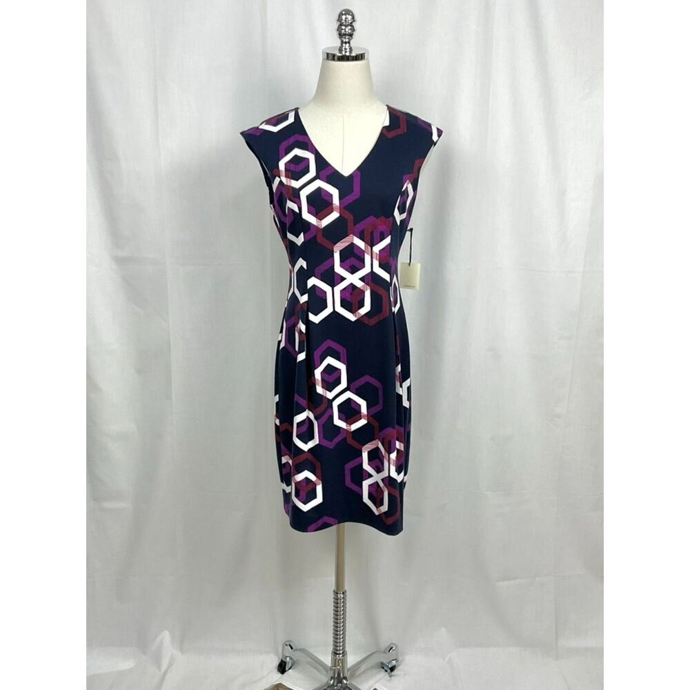 Trina Turk Navy Litzy Dress Sz 2 Hexagon Print Shift New Modern Contemporary